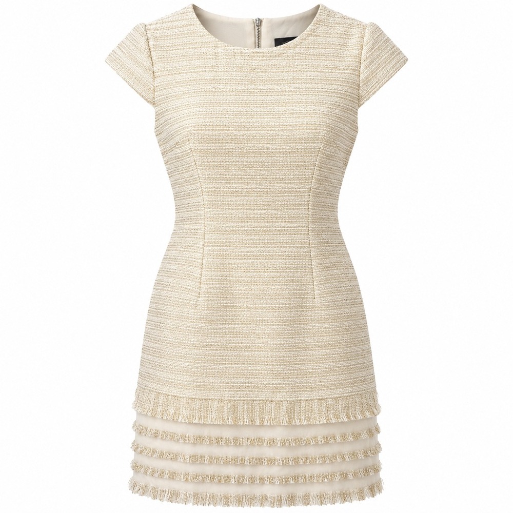 Vince Camuto Women's Ivory Metallic Tweed Fringe Hem Sheath Dress Size 0P Petite
